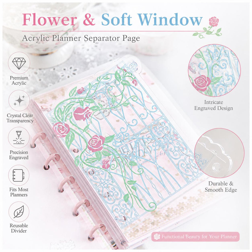 A7 Acrylic Filofax Personal Planner Dashboard, Rococo Flower Window Divider, Clear Botanical Photocard Decor