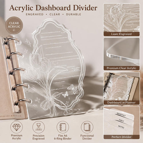 A5 A7 Acrylic  Filofax Personal Planner Dashboard, Botanical Engraved 6-Ring Binder Divider