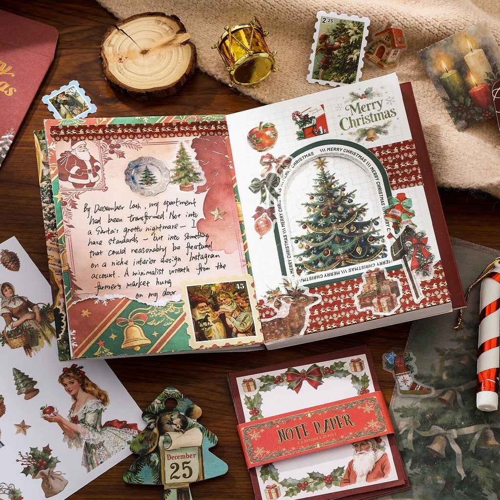 58Pcs Vintage Christmas Journal Gift Box Holiday Scrapbook Kit Santa Ephemera Set