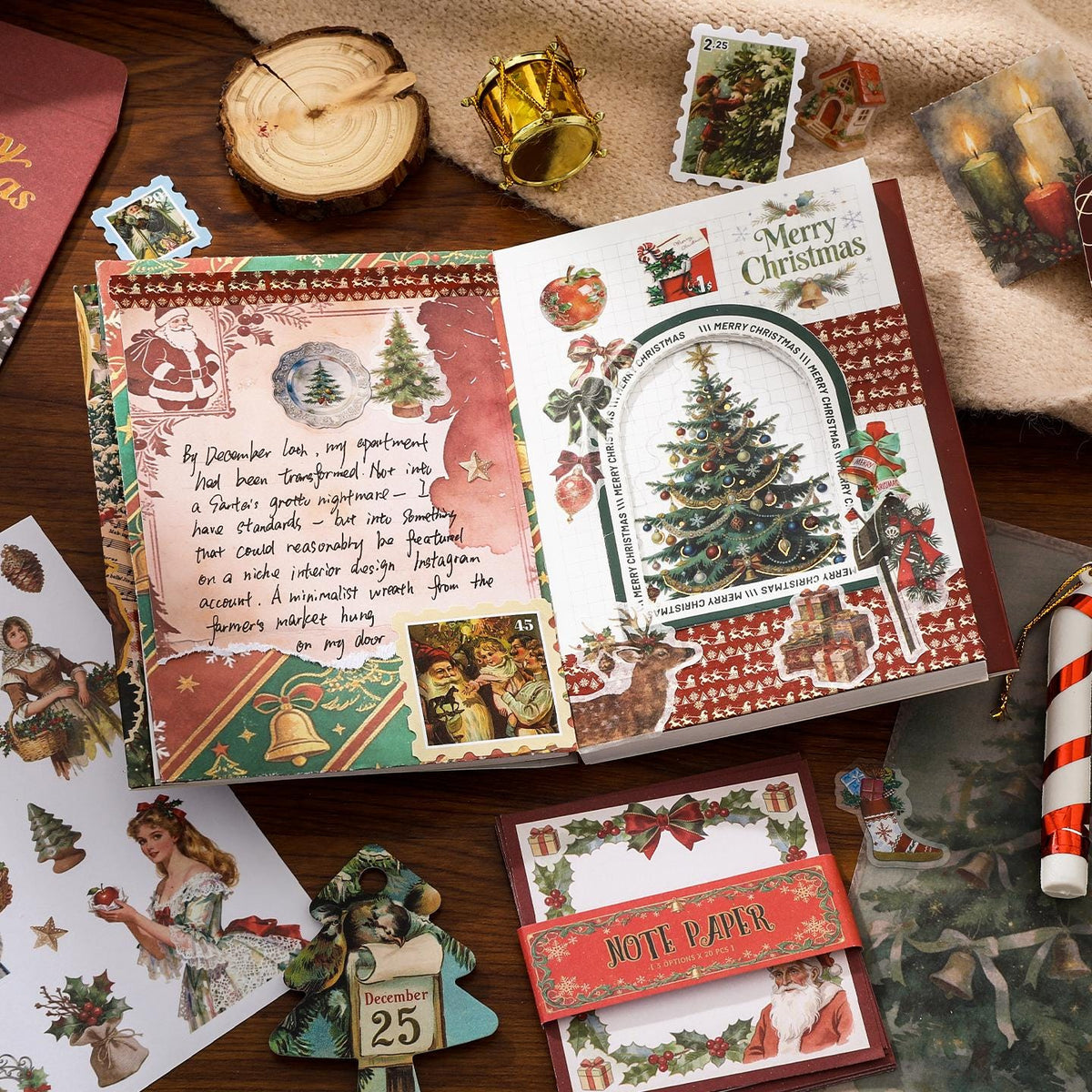 58Pcs Vintage Christmas Journal Gift Box Holiday Scrapbook Kit Santa Ephemera Set