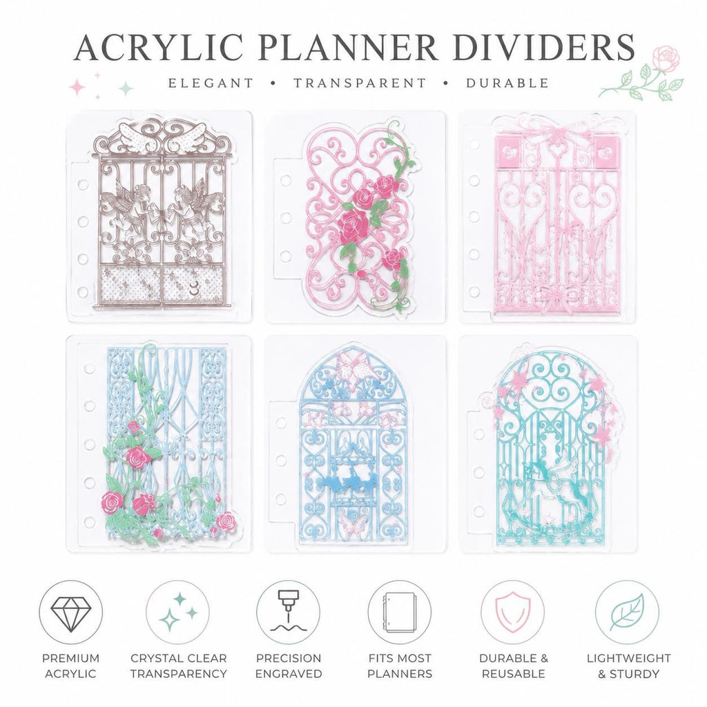 A7 Acrylic Filofax Personal Planner Dashboard, Rococo Flower Window Divider, Clear Botanical Photocard Decor