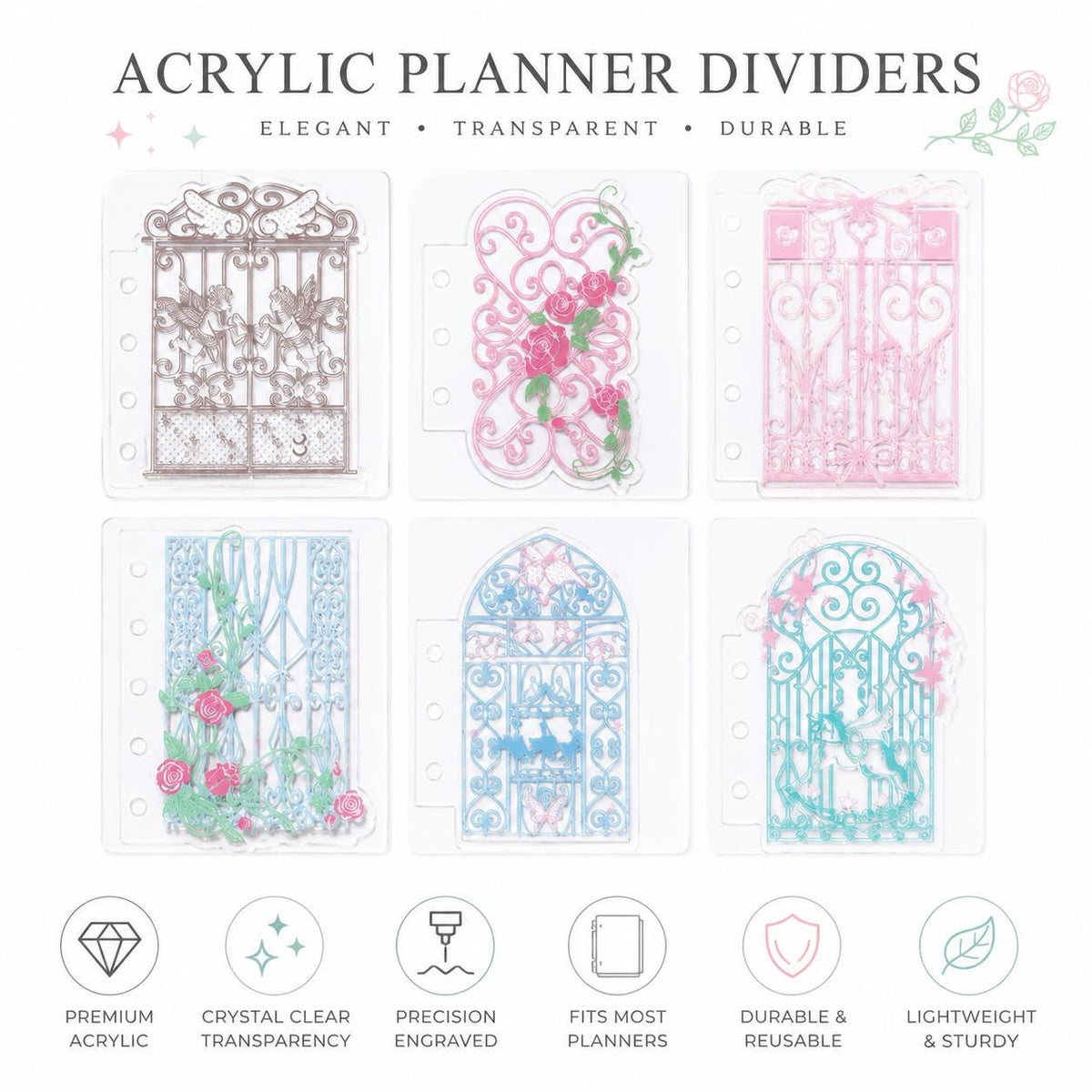 A7 Acrylic Filofax Personal Planner Dashboard, Rococo Flower Window Divider, Clear Botanical Photocard Decor