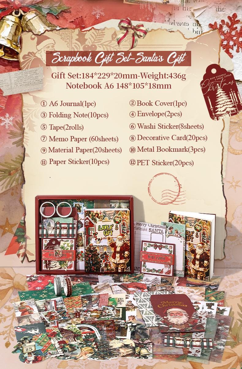 58Pcs Vintage Christmas Journal Gift Box Holiday Scrapbook Kit Santa Ephemera Set