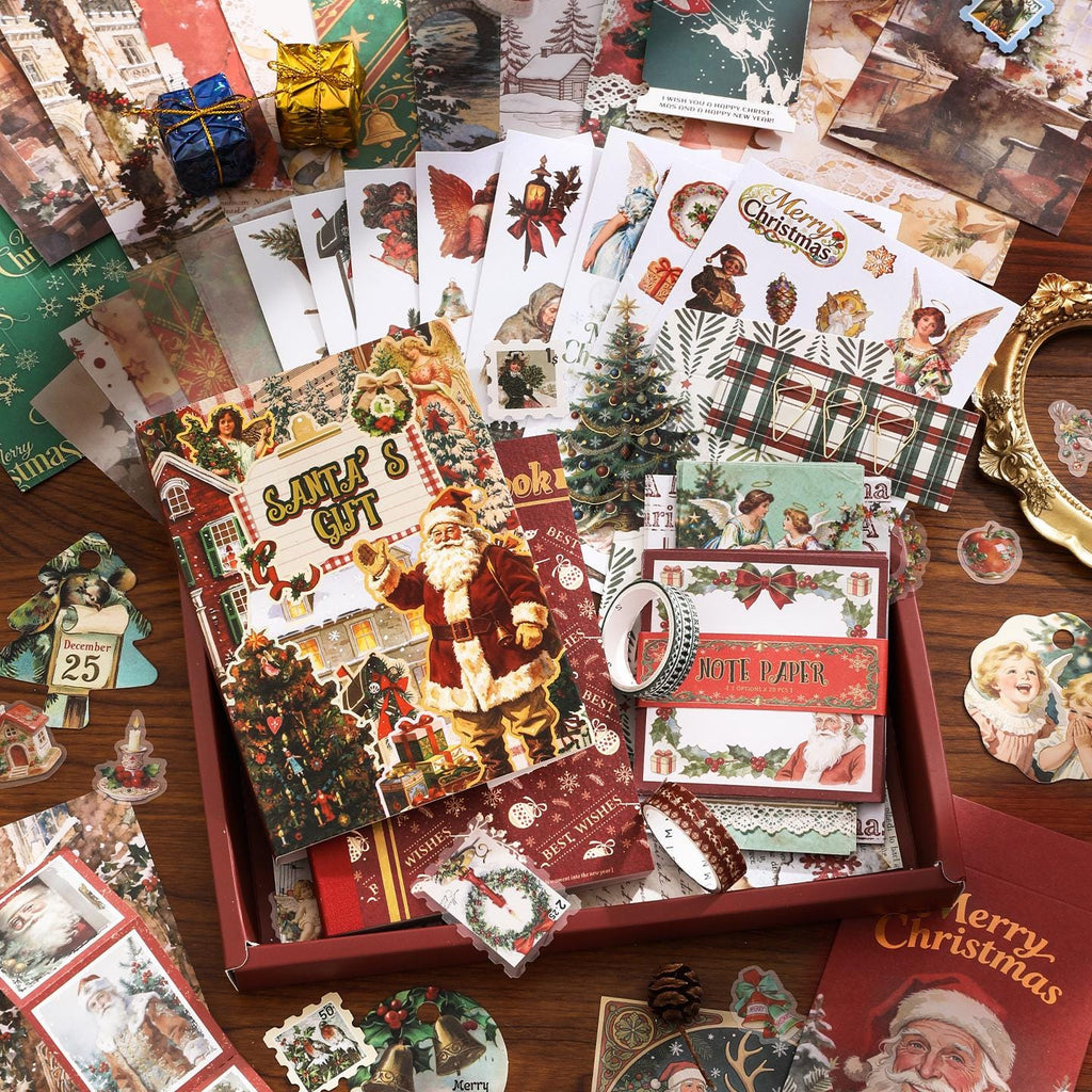 58Pcs Vintage Christmas Journal Gift Box Holiday Scrapbook Kit Santa Ephemera Set