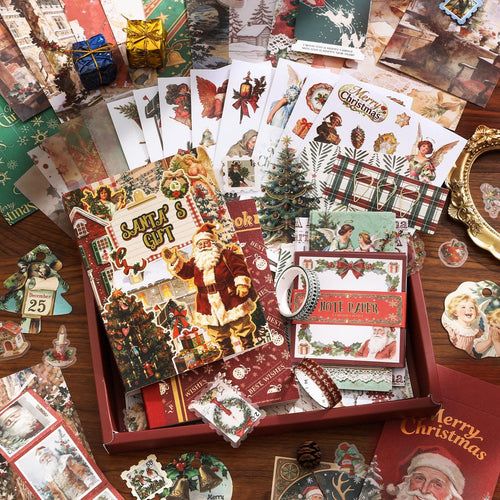 58Pcs Vintage Christmas Journal Gift Box Holiday Scrapbook Kit Santa Ephemera Set