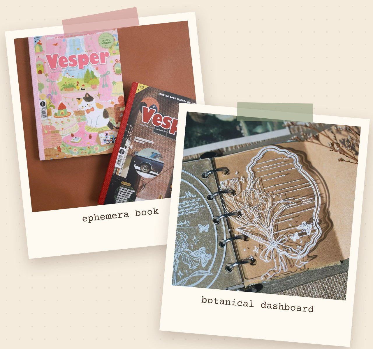 Polaroid collage of a vintage ephemera book and a botanical acrylic dashboard